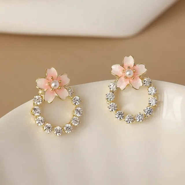 Pink Flower Decor Bow Rhinestone Earrings
