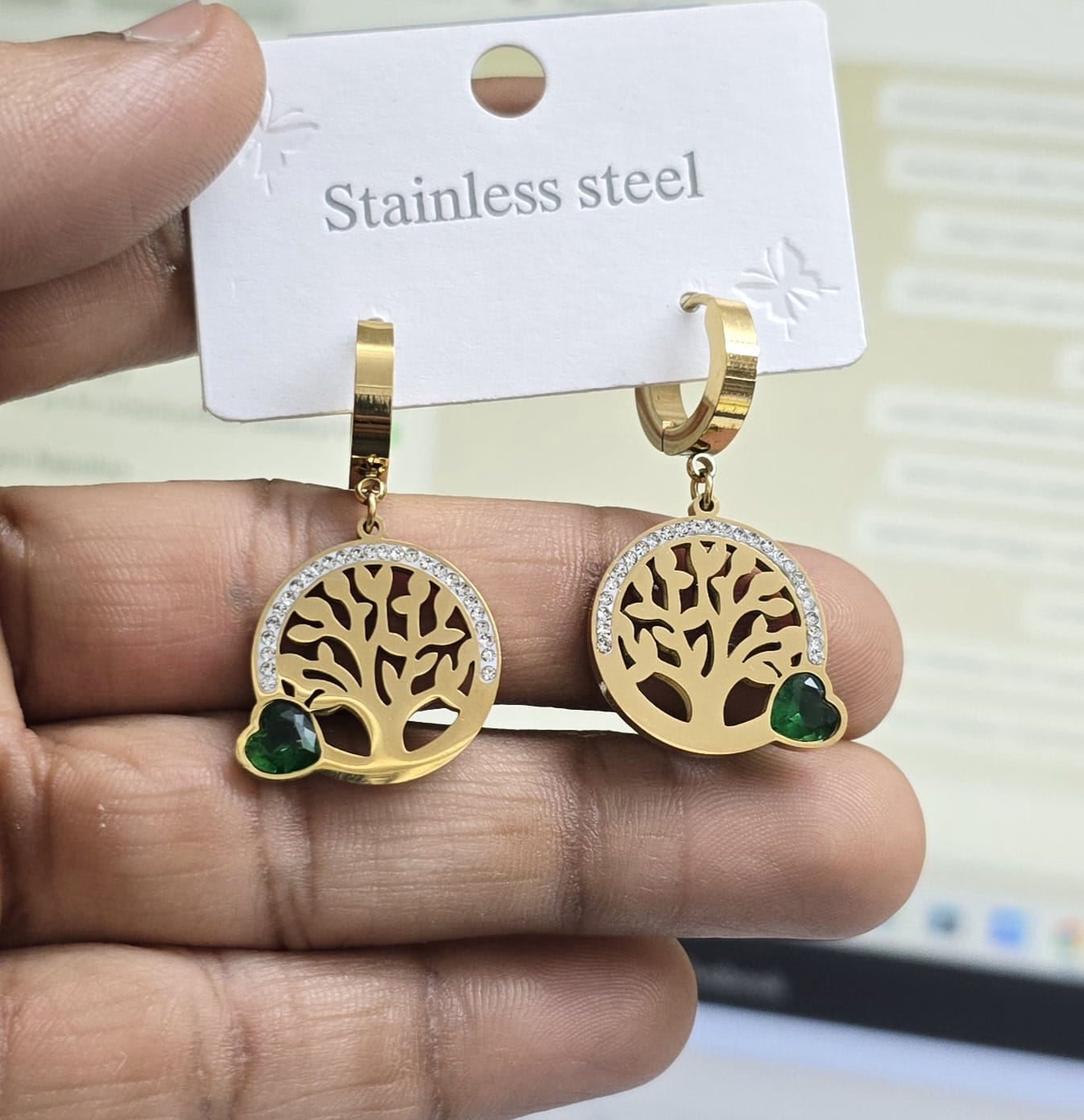 Golden Tree of Life Earrings with Emerald Heart Accent