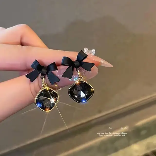 Black Bow Crystal Korean Earrings