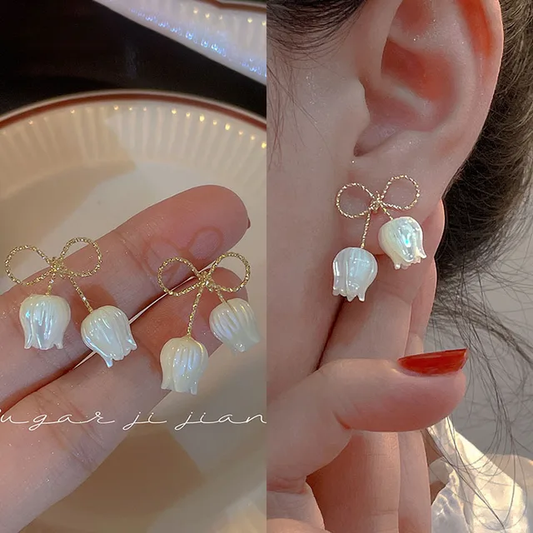 Korean Bow White Tulip Sweet Flower Earrings & Studs