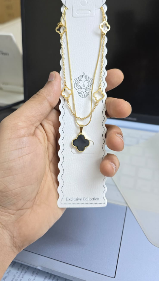 Gold-Plated Clover Pendant Layered Necklace – Elegant Dual Chain Design