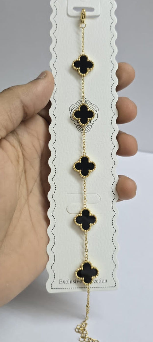 Elegant Black Clover Bracelet - Gold Tone Quatrefoil Charm Bracelet | Stainless Steel & Onyx Inspired