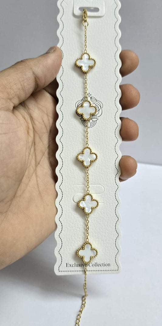 Elegant White Clover Bracelet - Gold Tone Mother of Pearl Style Quatrefoil Charm | Stainless Steel