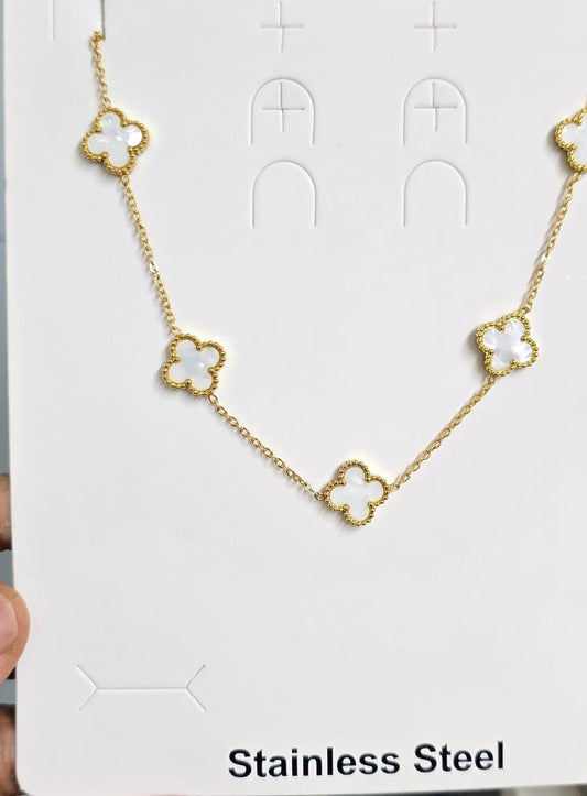 Elegant White Clover Necklace - Gold Tone Mother of Pearl Style Quatrefoil Chain | Stainless Steel