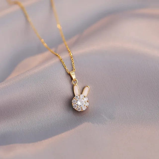 Bunny Charm Pendant Necklace – Gold-Tone with Sparkling Crystals