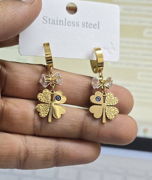 Golden Clover with Crystal Bow Dangle Earrings