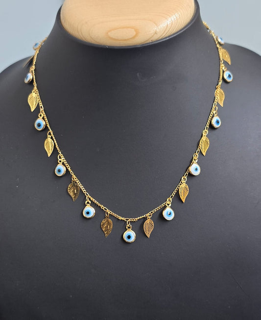 Gold-Plated Evil Eye & Leaf Charm Necklace